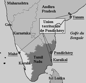 Indien: Karte
                    des Territoriums der Union von Pondichéry,
                    französisches Kolonialgebiet in Indien