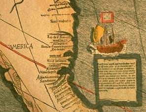 Weltkarte von Martin Waldseemüller 1507 mit
                      Bezeichnung Amerika: Ausschnitt