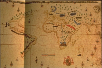 1525: Weltkarte von Salviati mit den Ostk�sten
                    von "Amerika" und der Karibik