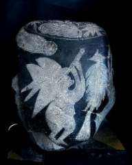 Astronom bzw. Sterndeuter einer alten
                          Kultur von Peru, dargestellt in einem
                          gravierten Stein im Steinemuseum in Ica, Peru