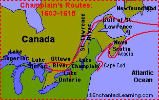 Karte mit Champlains Reisen zur Landbesetzung
                    1603-1615 im heutigen Kanada