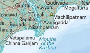 Karte mit
                    der Position von Masulipatam / Masulipatnam /
                    Machilipatnam / Bandar im Staat Andhra Pradesh an
                    der Mündung des Flusses Krishna