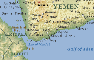 Karte mit der Position der Hafenstadt Mokka /
                    Mocca / Mokha / Mocha im Jemen am Eingang zum Roten
                    Meer gegenüber Eritrea