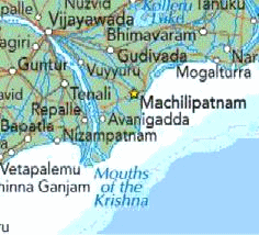 Karte mit der Position von
                    Masulipatam / Masulipatnam / Machilipatnam / Bandar
                    im Staat Andhra Pradesh an der Mündung des Flusses
                    Krishna, Indien