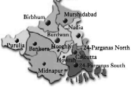 Karte mit Bengalen mit der Position
                          von Hugli (englisch: Hooghly, Hooghli)