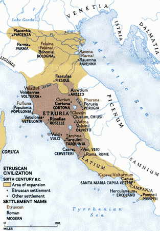 Karte mit der europäischen
                          Porzellanregion Etruria in Italien