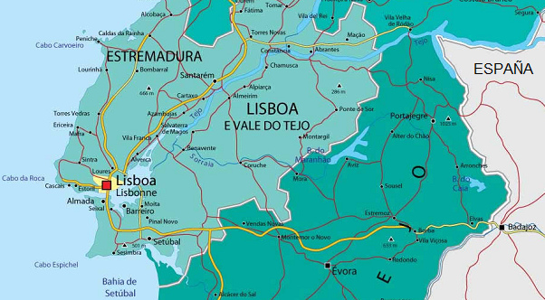 Karte
                                      der Region Lissabon mit
                                      Tejo-Fluss