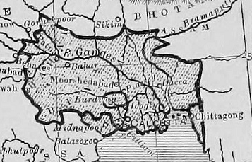Karte von Bengalen von 1767 mit
                            Murshidabad (englisch: Moorshedabad)