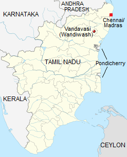 Karte von Tamil
                            Nadu mit Madras und Vandavasi (englisch:
                            Wandiwash)