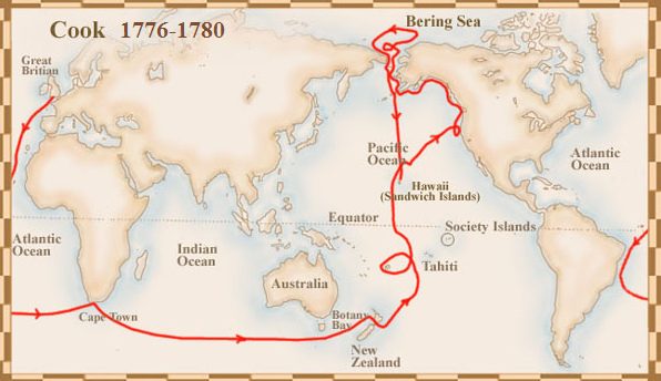James Cook, Karte
                            der dritten Expedition 1776-1780
                            Neuseeland-Hawaii-Alaska