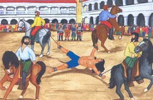 Tupac Amarú in
                              Cusco gegen 4 Pferde 1781