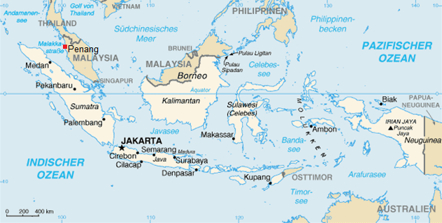 Karte von
                            Indonesien und Malaysia mit Penang auf der
                            Halbinsel Malaya