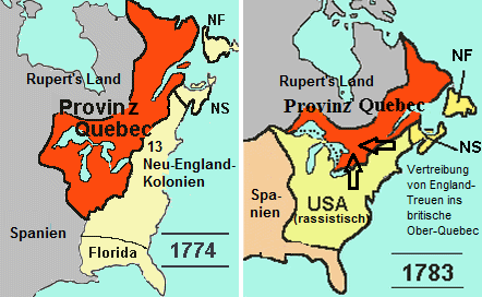Karten mit der
                            Provinz Quebec, Neu-England-Kolonien und den
                            "USA" 1774 und 1783