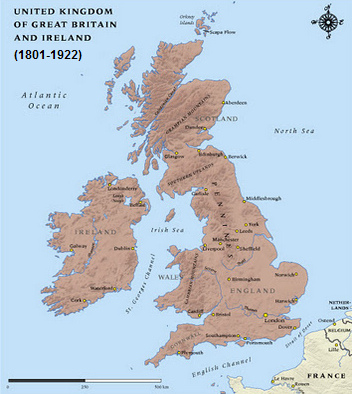 Karte von
                          Grossbritannien mit dem
                          "vereinigten" Irland 1801-1922