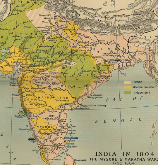 Karte des indischen Subkontinents von
                              1804 mit den weiteren
                              englisch-rassistischen Besetzungen unter
                              Mornington (rot gestreift)