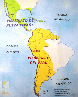 Karte mit den Vizekönigreichen
              Neu-Spanien (oben) und Peru (unten)