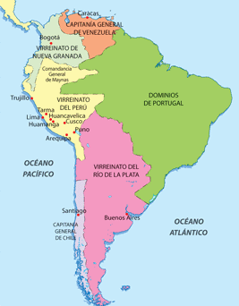 Karte mit
                      den Vizekönigreichen Neu-Granada, Peru und Rio de
                      la Plata etc.