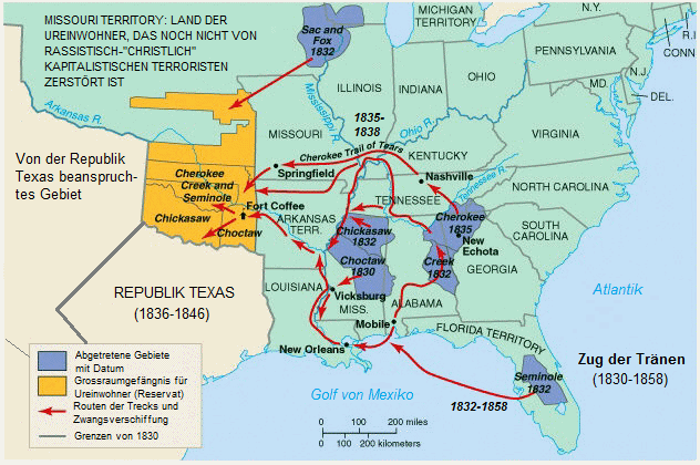 Big map with Trail of Tears of 1838 with the
                  routes