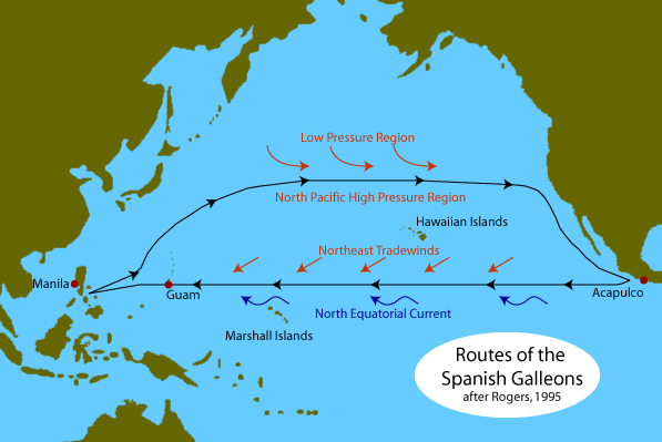 Karte der Manila-Galleone
                    mit der Verbindung zwischen den Philippinen und
                    Mexiko zwischen Manila und Acapulco mit der Angabe
                    der Winde
