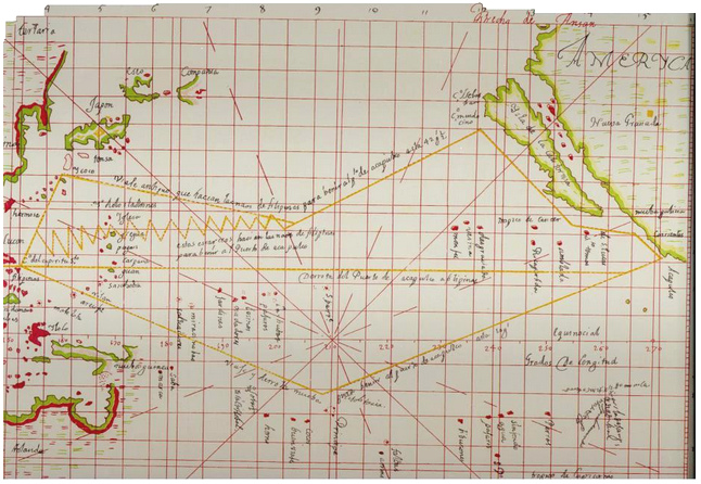 Karte der Manila-Galleone
                    zwischen den Philippinen und Mexiko zwischen Manila
                    und Acapulc mit Angabe von Gegenwind und
                    Zickzackkurs
