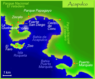 Karte mit der
                Bucht von Acapulco mit demHafen (Puerto Marqués)