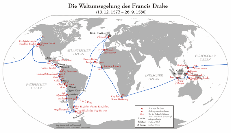 Karte mit der Route
                        des englischen Piraten Drake 1577-1580,
                        Ausraubung der süd-"amerikanischen"
                        Küste und Gewürzhandel in Südostasien