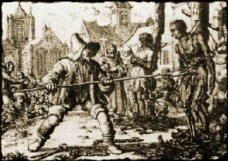 Inquisition in the viceroyalty of Peru in
                          Lima with torture on a stake with a dung fork