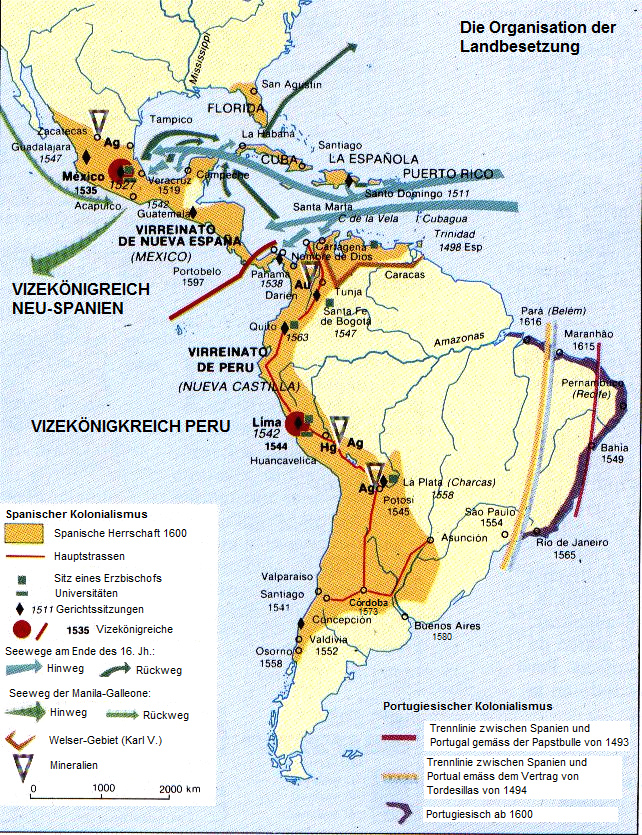 Karte mit den Vizekönigreichen Neu-Spanien und
              Peru um 1570 mit Potosi ab 1945 mit der Silberproduktion
              (Ag=Argentum=Silber)