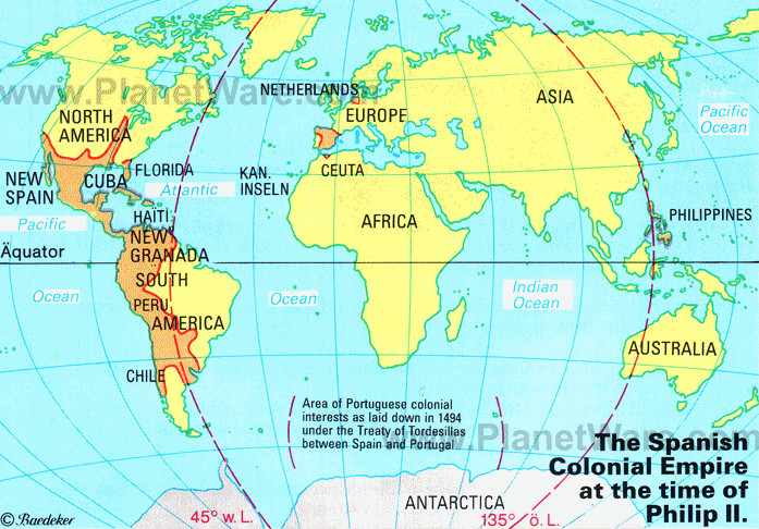 Karte mit der
                Tordesillas-Linie mit Brasilien und den
                "Philippinen"