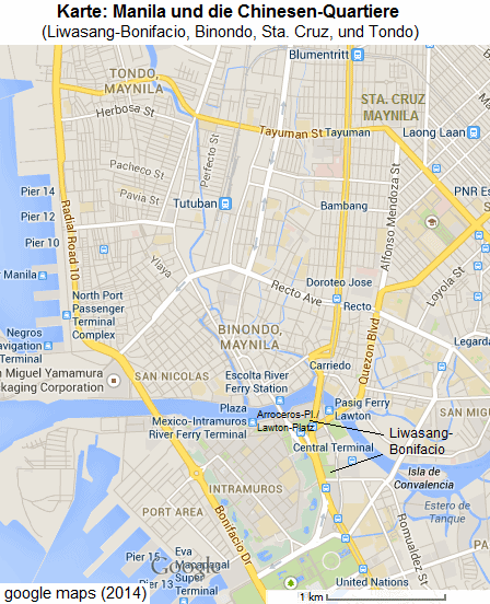 Karte mit dem Zentrum von
                  Manila mit Intramuros, mit dem Arreceros-Platz
                  (Lawton-Platz) und Liwasang-Bonifacio sowie Binondo,
                  Sta. Cruz und Tondo