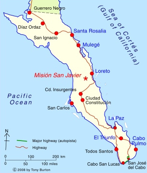 Karte von Niederkalifornien
                mit der Mission Loreto, die erste Mission in
                Niederkalifornien, gegründet am 15. Oktober 1697