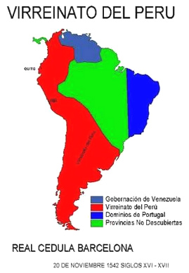 Karte mit
                      dem Vizekönigreich Peru, Venezuela, nicht
                      entdeckten Dschungelgebieten und Portugals Zipfel
