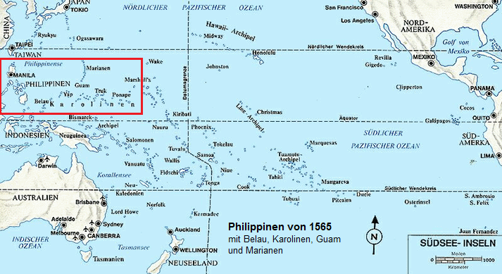 Karte der Südsee mit den
              "Philippinen" von 1565 mit Palau / Belau, Guam,
              Marianen-Inseln und Karolinen-Inseln
