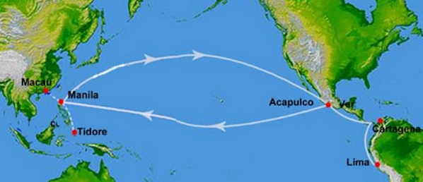 Karte der Manila-Galleone mit
                der Verbindung zwischen den Philippinen und Mexiko
                zwischen Manila und Acapulco