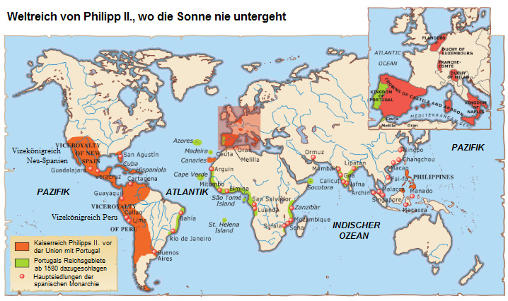 Map with the Empire of Philip II
              on which the sun never sets...