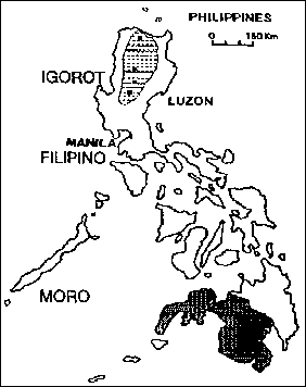 Karte
                      mit den Philippinen und den Igoros und Moros