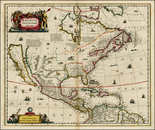 Karte von
              Nord-"Amerika" "America
              Septentrionalis" von Jn Jansson aus Amsterdam mit
              Niederkalifornien als grosse Insel
