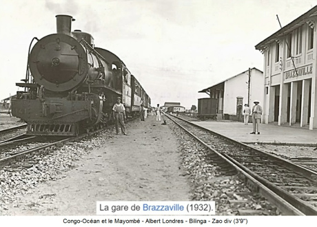 Bahnhof Brazzaville mit Zug mit
                                    Dampflokomotive 1932
