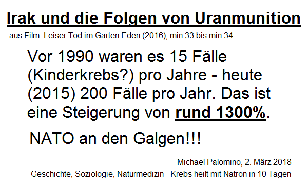 Die Kinder�rztin und Krebs�rztin Dr. Jenan Hassan an der Neuen Kinderklinik Basra sagt aus, wie sich die Statistiken in Basra ver�ndert haben: Vor 1990 waren es 15 F�lle (Kindekrebs?) bei Babys und Kindern pro Jahr. Seit 1995 stieg die Quote an, heute [2015] sind es 200 F�lle pro Jahr [eine Steigerung von rund 1300%]