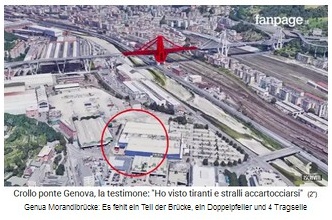Zeitbombe Spaghetti-Morandi-Brücke in Genua,
              gesprengt am 14. August 2018 mit rot markiertem Teil
