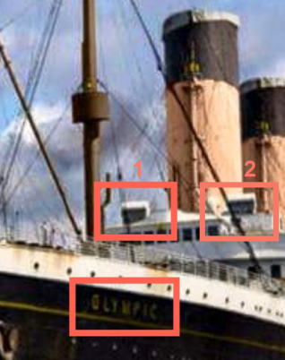 Die Titanic auf einem Foto von 1935 in Southhampton wurde als Olympic umgetauft, weist aber die beiden kleinen Lufteinl�sse an den Seiten der Br�cke auf