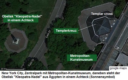 Central Park mit Metropolitan-Kunstmuseum,
                    daneben steht der Obelisk
                    "Kleopatra-Nadel" aus Ägypten in einem
                    Achteck (Sonnensymbol)