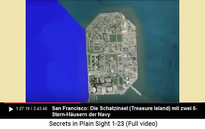 Die Schatzinsel (Treasure Island) mit 2
                    Sechsstern-Häusern der Navy links und rechts der
                    ehemaligen Ausstellungsmeile