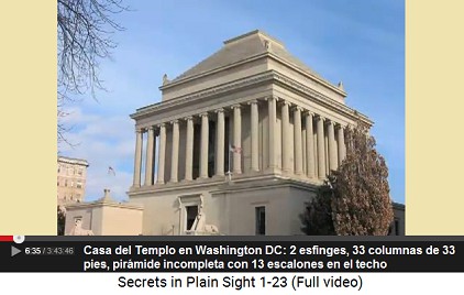 Washington DC, la Casa del Templo con 2
                        esfinges, 33 columnas, su altura es 33 pies, y
                        hay otra pirámide incompleta con 13 escalones
