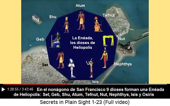 En el nonágono de San Francisco 9 dioses forman
                    la Enéada de Heliopolis: Set, Geb, Shu, Atum,
                    Tefnut, Nut, Nephtys, Isis y Osiris