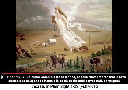 La diosa Colombia en blanco
                      con su cabello rubio ocupa todo el territorio
                      hasta a la costa occidental según la filosofía
                      racista que le permite la ocupación de todo el
                      continente - negros y nativos no cuentan