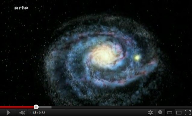 La galaxia de la Vía Láctea en su
                forma de espirales (en inglés: Milky Way) con nuestro
                sistema solar representado como punto brillante