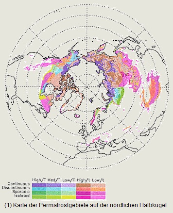 Karte mit den
                              Permafrostgebieten auf der Nordhalbkugel