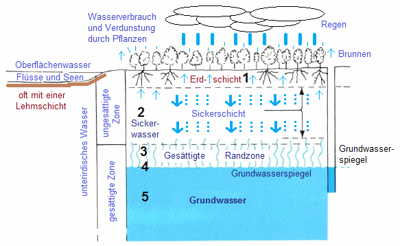 Schema 2: Schichtung des
                                    Erdbodens in Erdschicht,
                                    Sickerschicht, Kapillarschicht,
                                    Grundwasserspiegel und Grundwasser