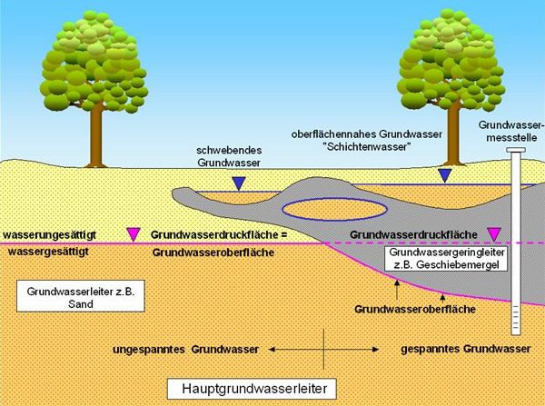 Schema 9: Schwebendes Grundwasser und
                              oberflächennahes Grundwasser
                              ("Schichtenwasser")